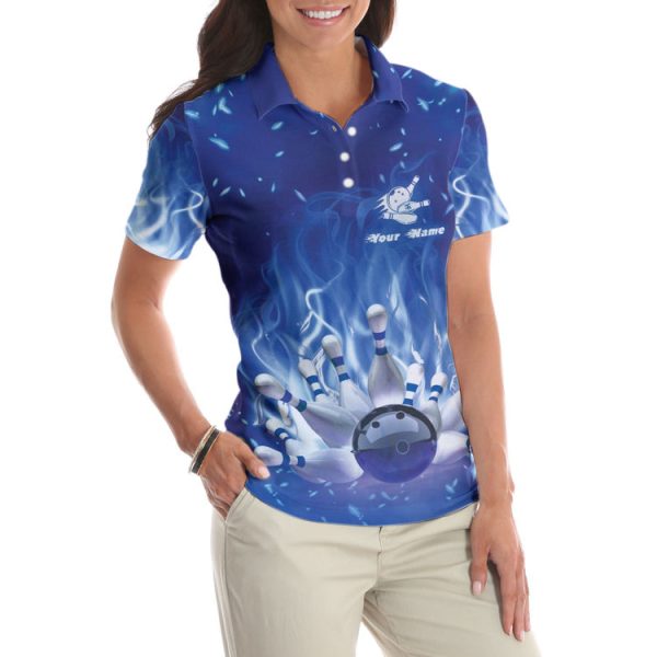 Bowling On Blue Fire Custom Short Sleeve Women Polo Shirt, Personalized Blue Flame Polo Shirt For Female Bowlers Coolspod - Image 5